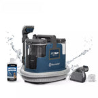 Vacuum cleaner with attachments and cleaning solution on a white background