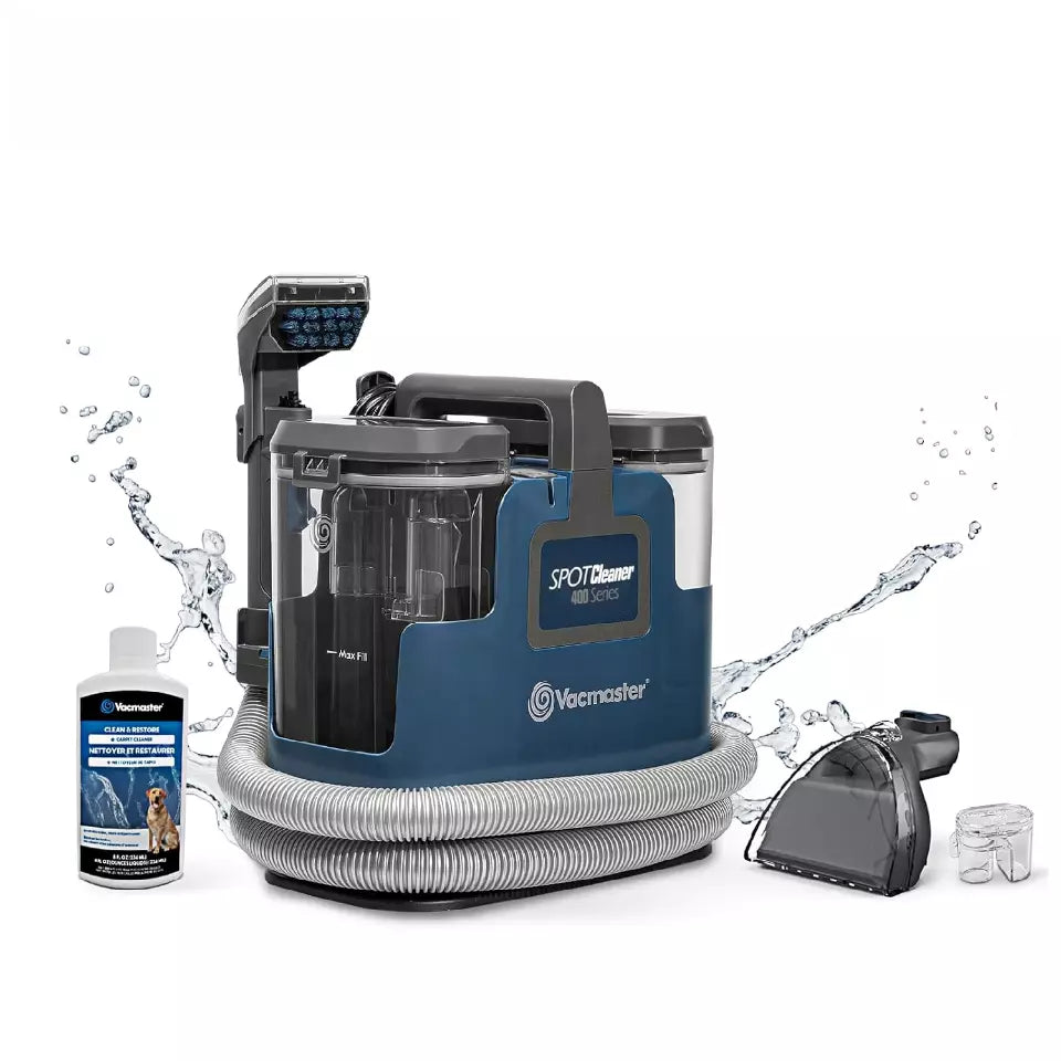 Vacuum cleaner with attachments and cleaning solution on a white background