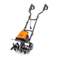 Orange and black tiller with 'LawnMower' branding on a white background