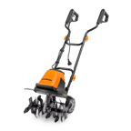 Orange and black tiller with 'LawnMower' branding on a white background