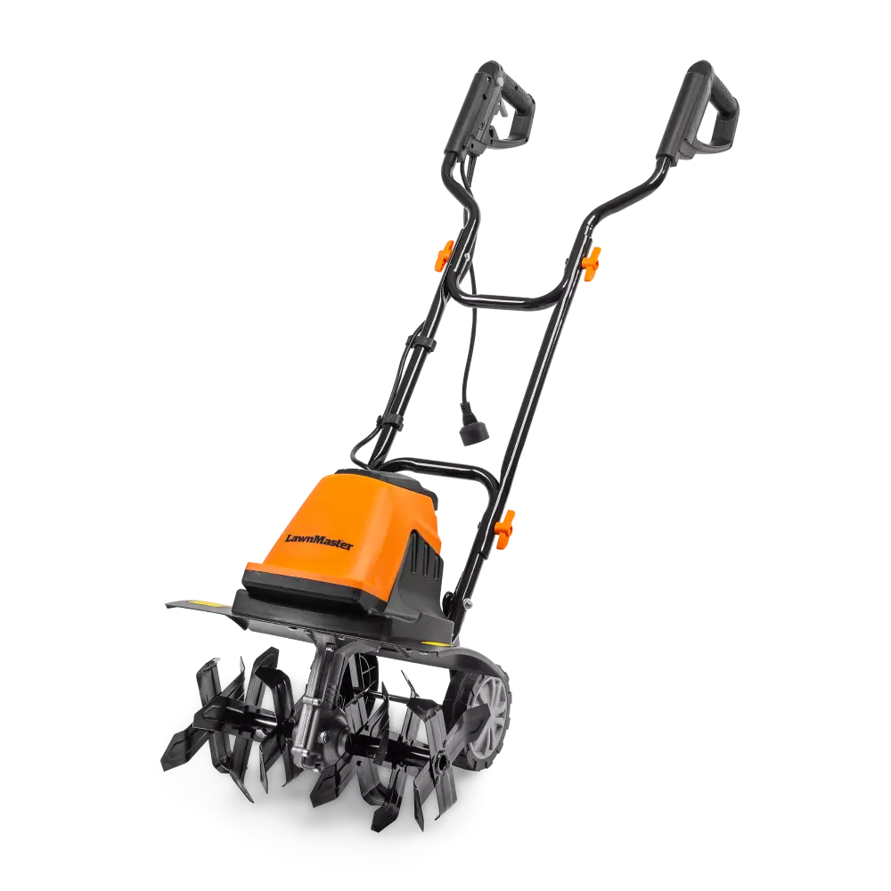 Orange and black tiller with 'LawnMower' branding on a white background