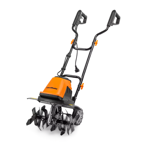 Orange and black tiller with 'LawnMower' branding on a white background