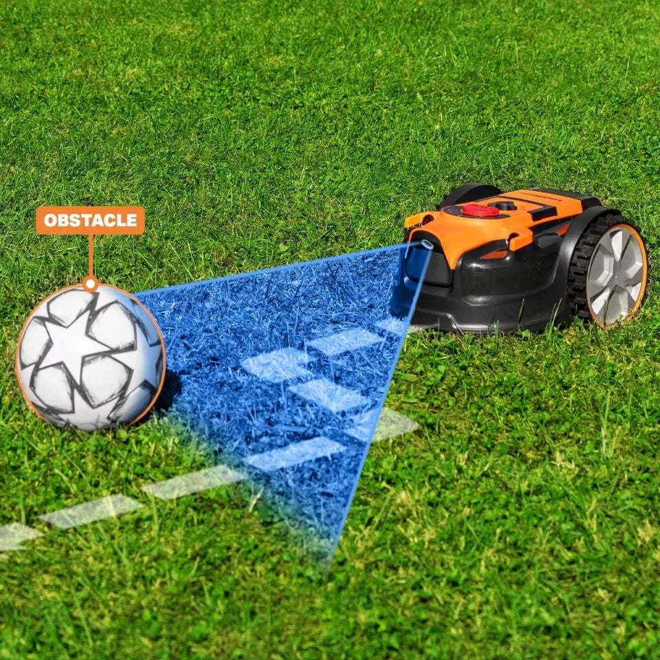 Robotic lawn mower detecting an obstacle on a grassy field