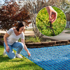 Woman installing a blue underground irrigation system in a garden with a close-up of a hand using a tool.