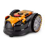 Robotic lawn mower with orange and black design on a white background