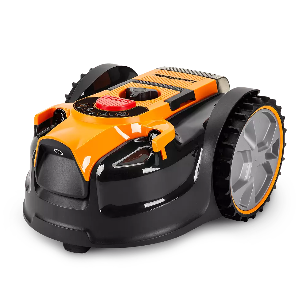 Robotic lawn mower with orange and black design on a white background