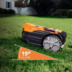 Robotic lawn mower on grass with a slope indicator label