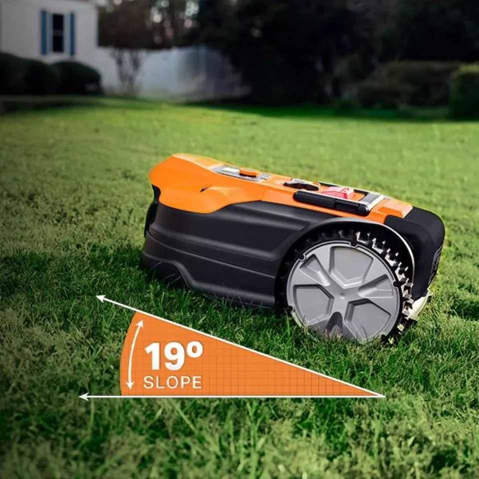 Robotic lawn mower on grass with a slope indicator label