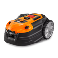 Orange and black robot lawn mower on a white background