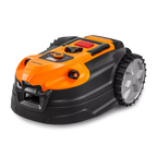 Orange and black robot lawn mower on a white background