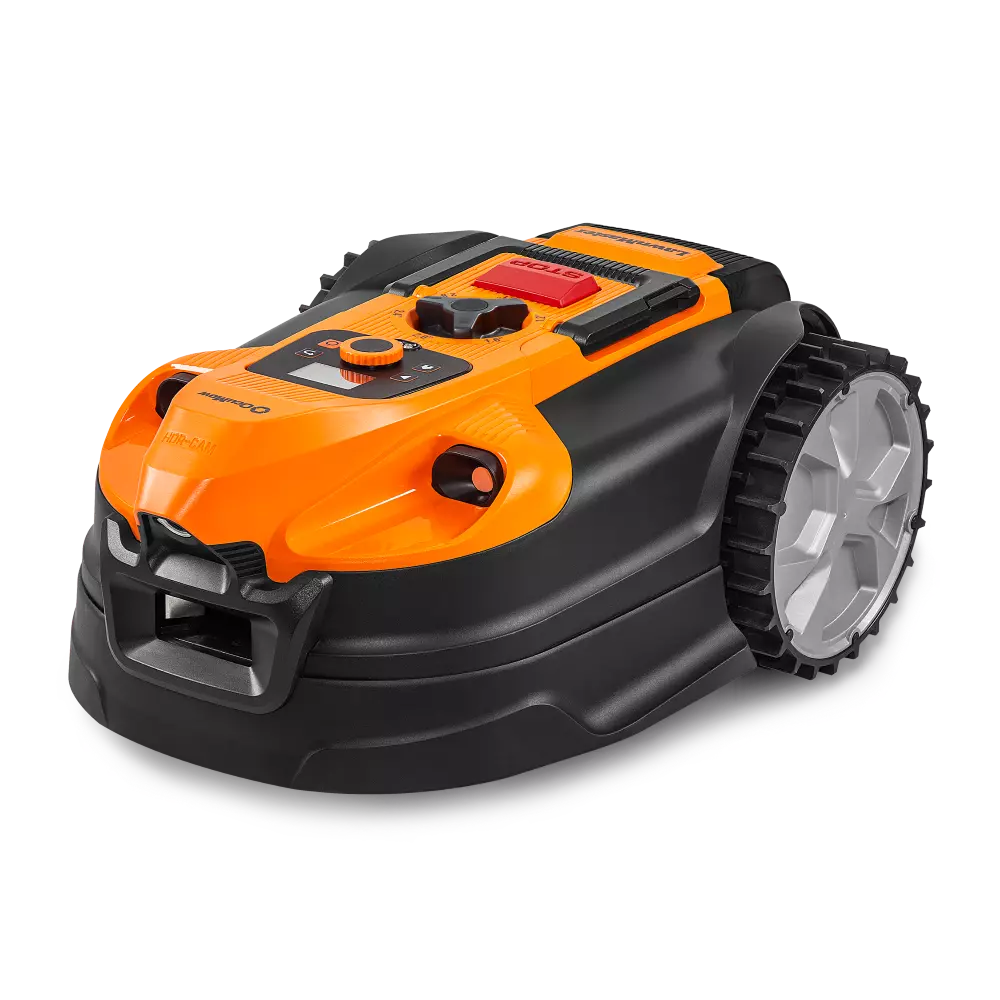 Orange and black robot lawn mower on a white background