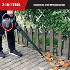 Person using a 2-in-1 tool that converts to a leaf blower on a patio with leaves.