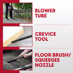 Multifunctional cleaning tool with blower tube, crevice tool, and floor brush/squeegee nozzle, used outdoors.