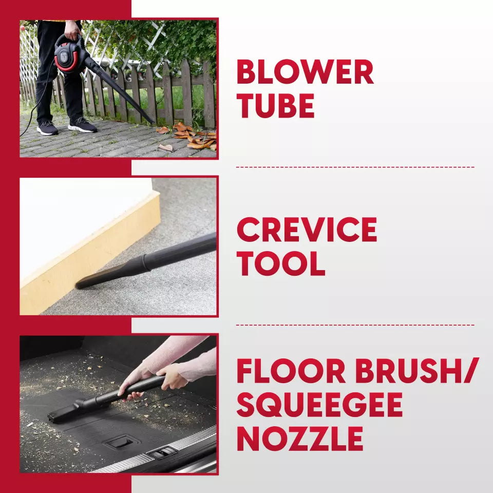 Multifunctional cleaning tool with blower tube, crevice tool, and floor brush/squeegee nozzle, used outdoors.