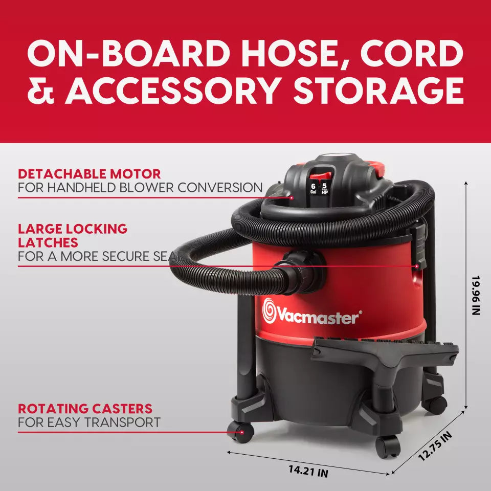 Vacmaster vacuum cleaner with features highlighted on a red and gray background