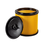 Yellow air filter with black lid on a white background
