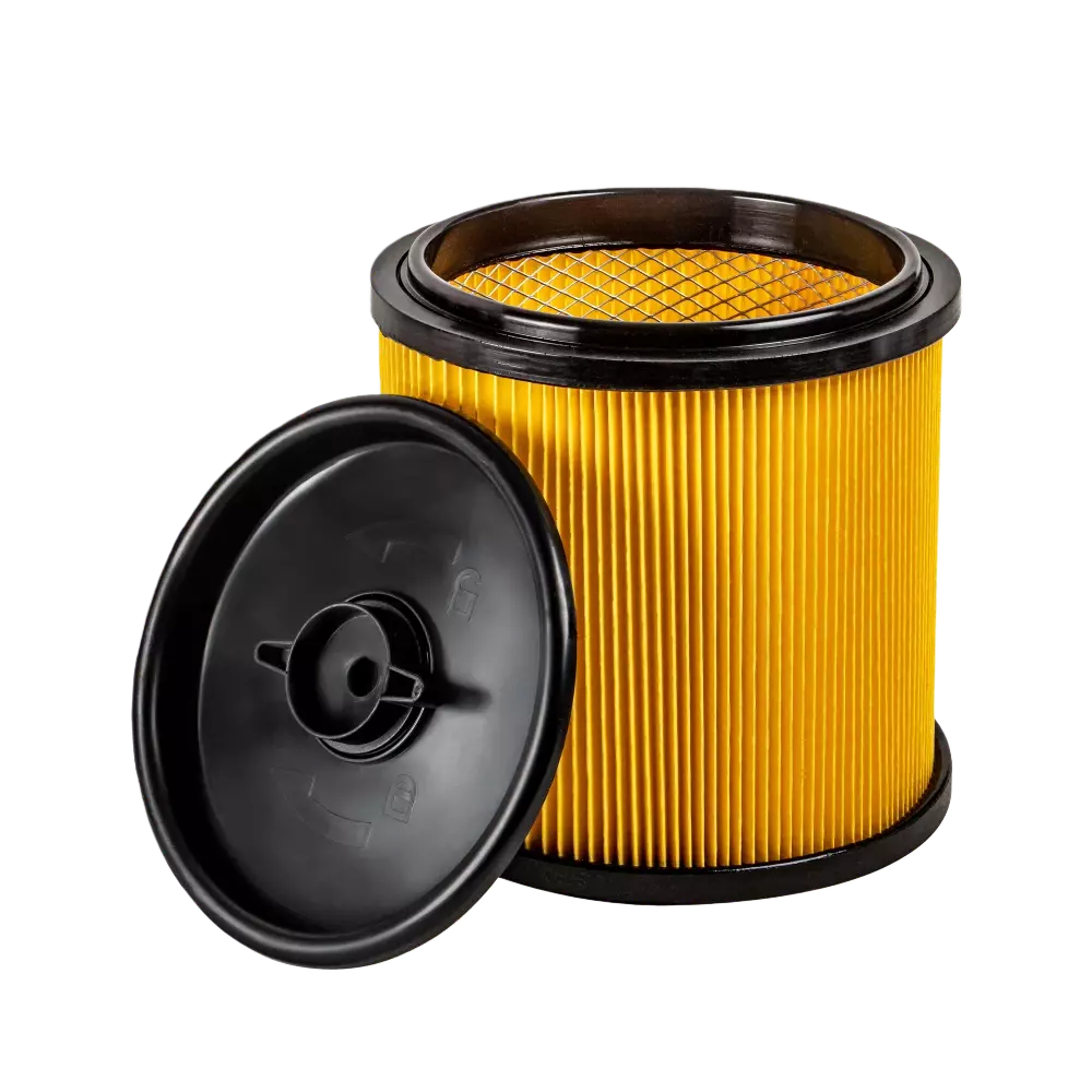 Yellow air filter with black lid on a white background