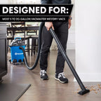 Person using a vacuum cleaner on a wooden floor with Vacmaster branding.
