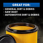 Yellow air filter with text listing uses on a dark background