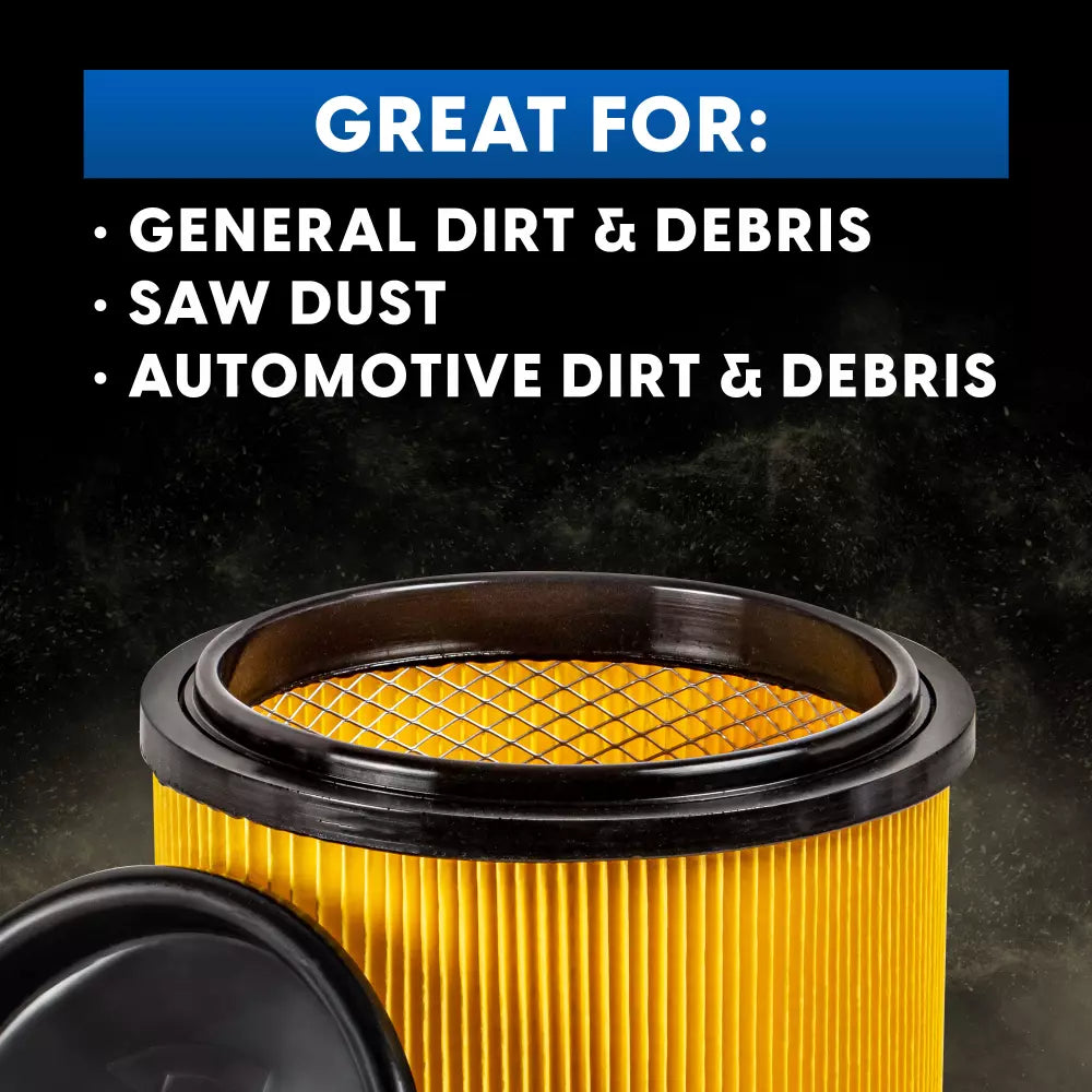Yellow air filter with text listing uses on a dark background