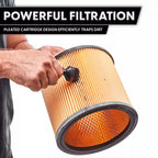 Person holding a pleated air filter with text about powerful filtration.