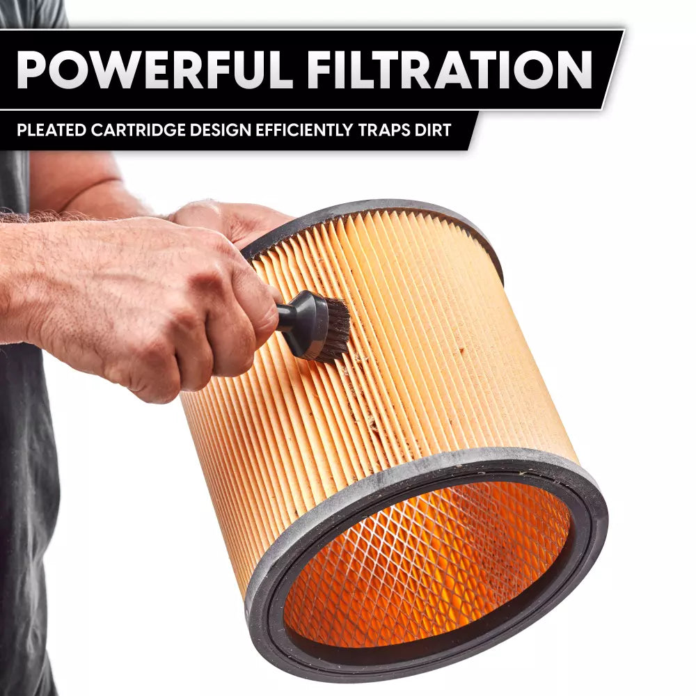 Person holding a pleated air filter with text about powerful filtration.