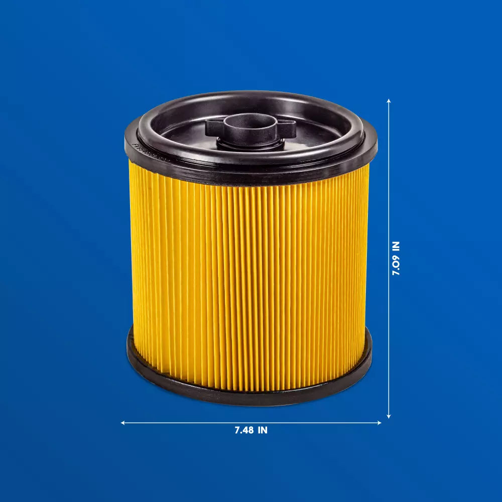 Yellow cylindrical filter with black top on a blue background