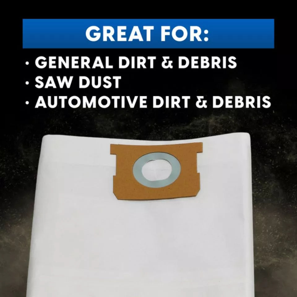 White dust bag with brown filter pocket labeled 'Great for: General Dirt & Debris, Saw Dust, Automotive Dirt & Debris' on a dark background.