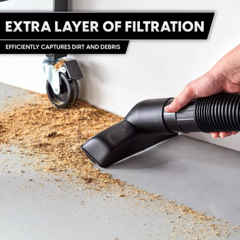 Hand using a vacuum cleaner to clean up debris with text about extra layer of filtration.