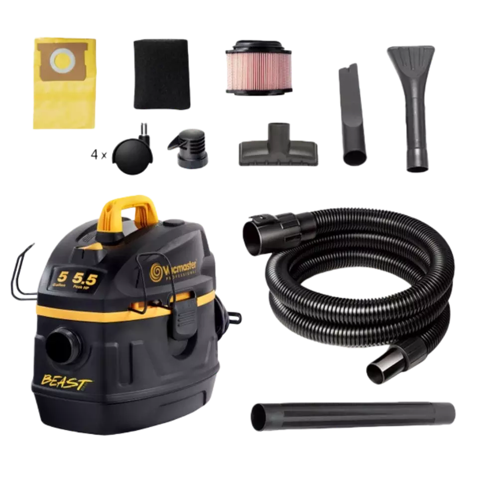 Vacuum cleaner set with various attachments on a white background