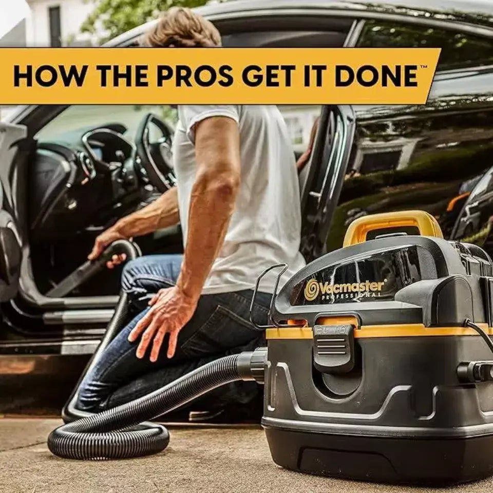 Person cleaning a car interior with a vacuum cleaner, featuring 'Wdmaster' brand, with text 'How the Pros Get It Done'.