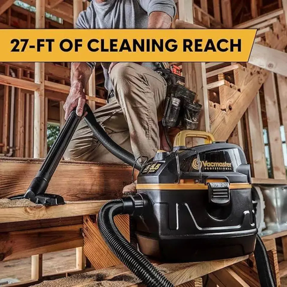 Person using a vacuum cleaner with a long hose in a construction setting, highlighting '27-ft of cleaning reach'.