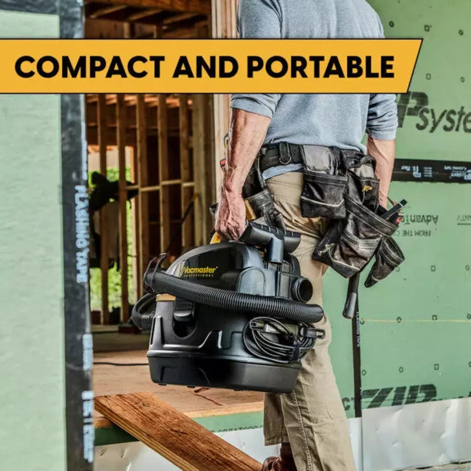 Person carrying a leaf blower with tools over shoulder in a construction setting, text 'Compact and Portable' above.