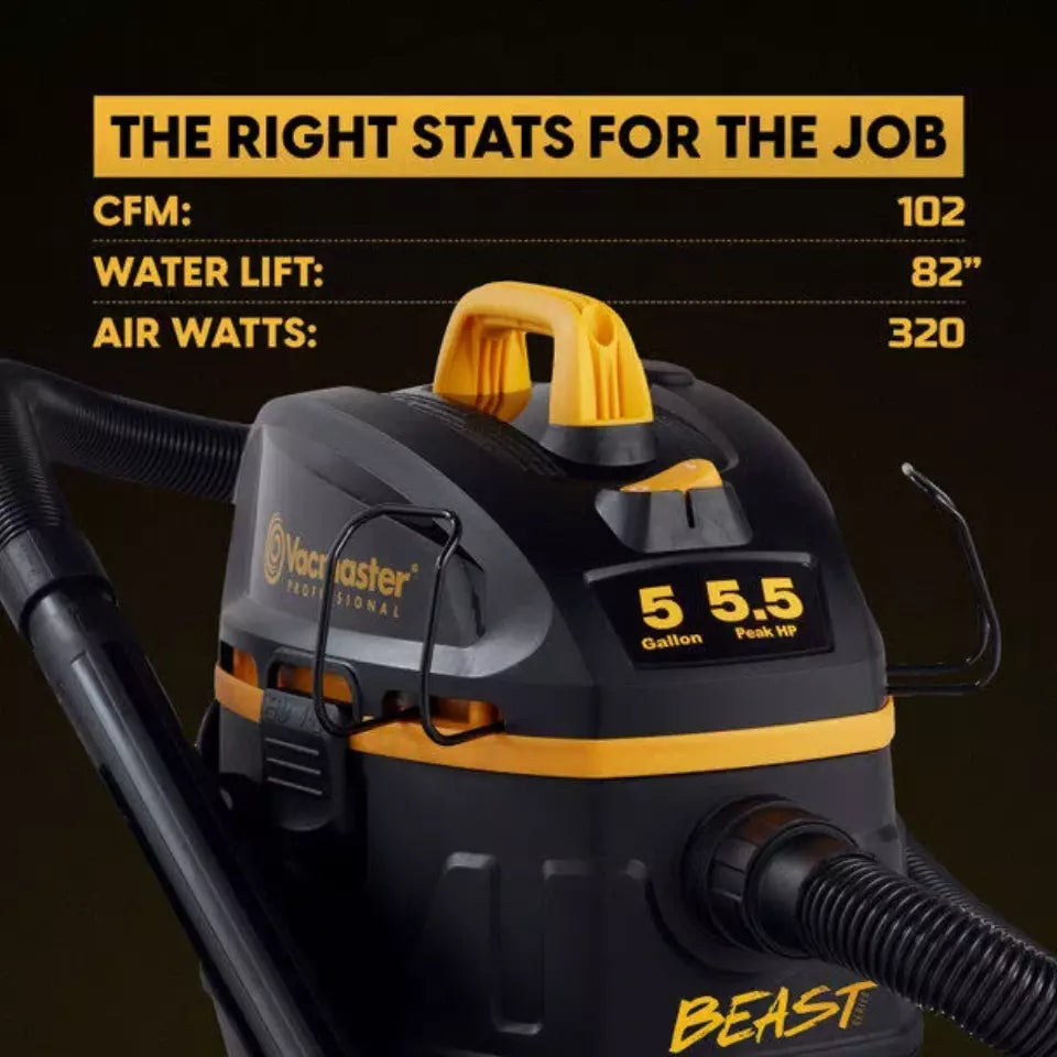 Vacmaster Beast vacuum cleaner with specifications on a black background