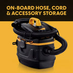 Black and yellow wet/dry vacuum with hose and cord storage on a yellow background
