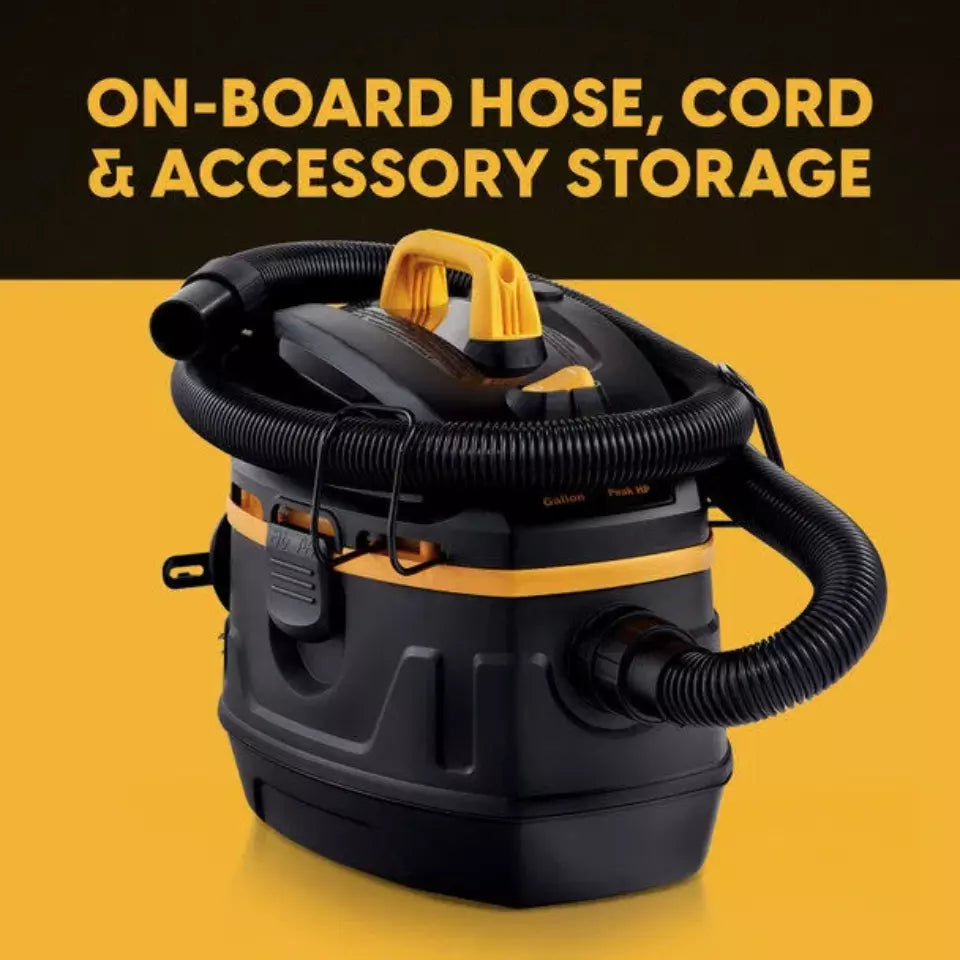 Black and yellow wet/dry vacuum with hose and cord storage on a yellow background