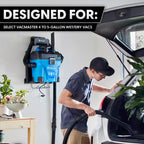 Person using a Vacmaster wet/dry vacuum cleaner in a home setting with text indicating compatibility.