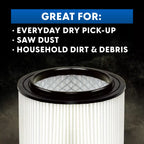 Filter cartridge with text indicating its uses on a dark background