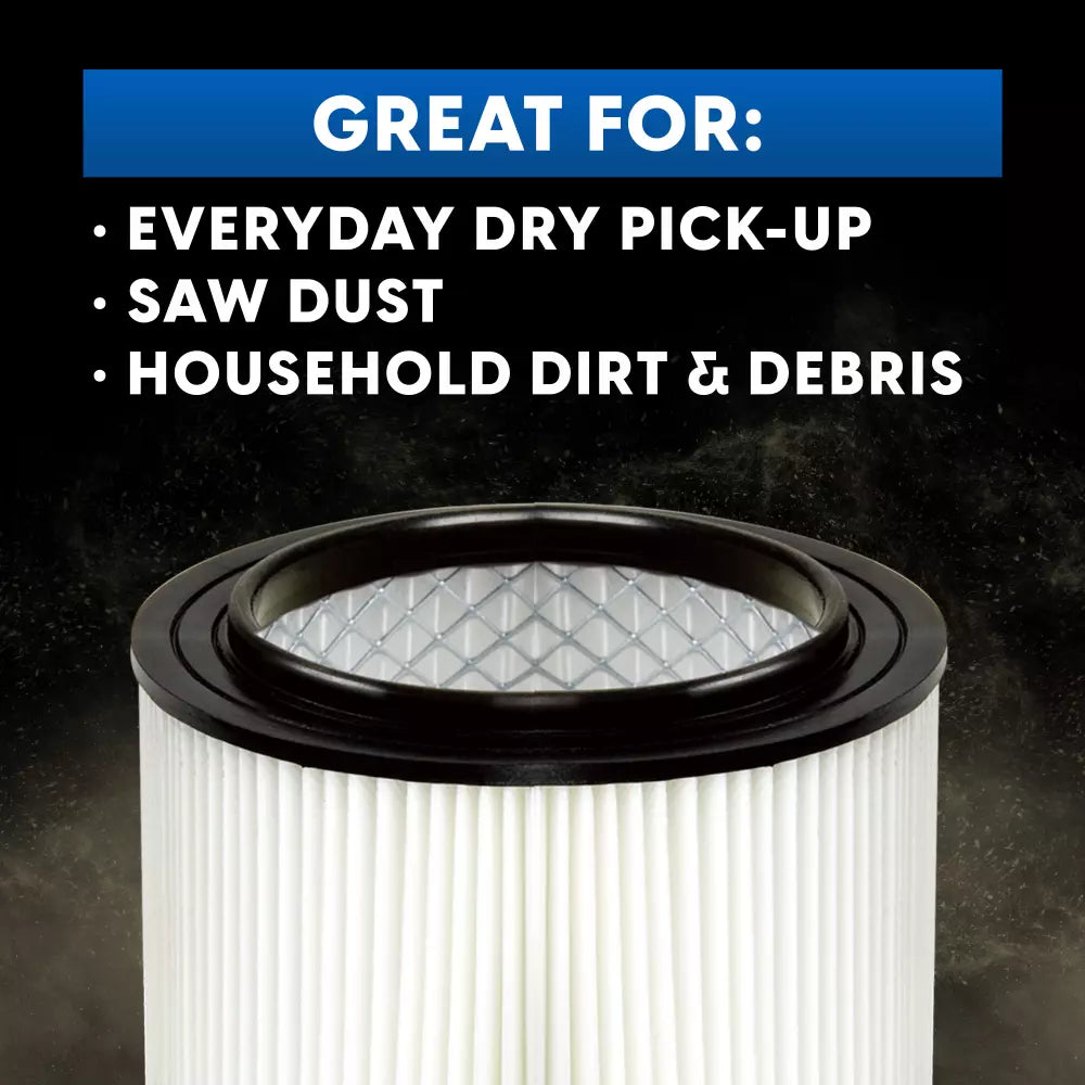 Filter cartridge with text indicating its uses on a dark background