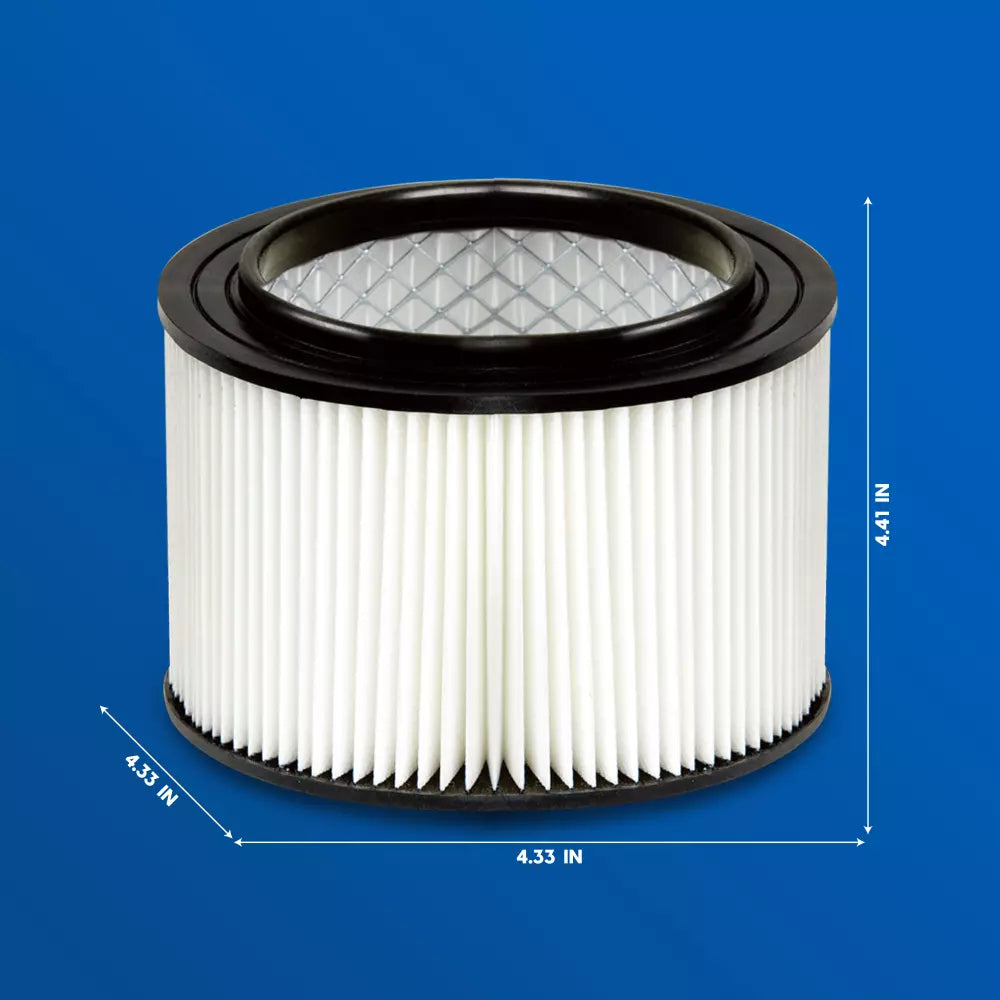 Air filter with dimensions on a blue background