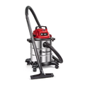 Vacuum cleaner with red top and silver body on a white background