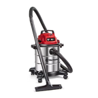 Vacuum cleaner with red top and silver body on a white background