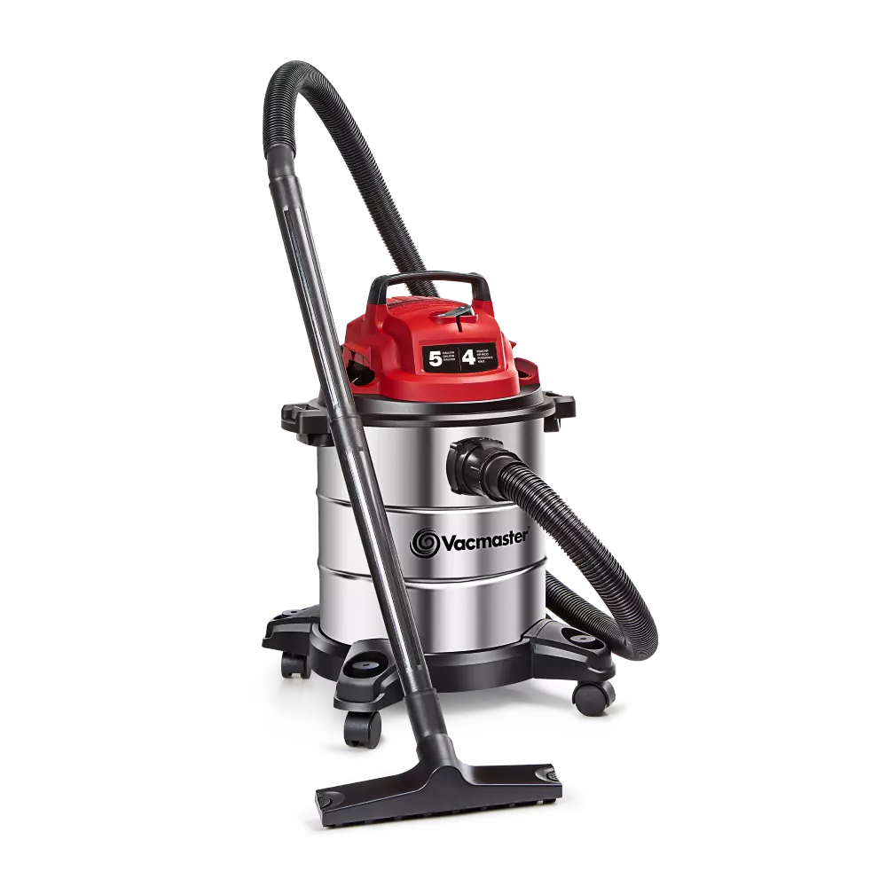 Vacuum cleaner with red top and silver body on a white background