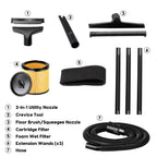Set of vacuum cleaning tools including nozzles, filters, and wands on a white background.