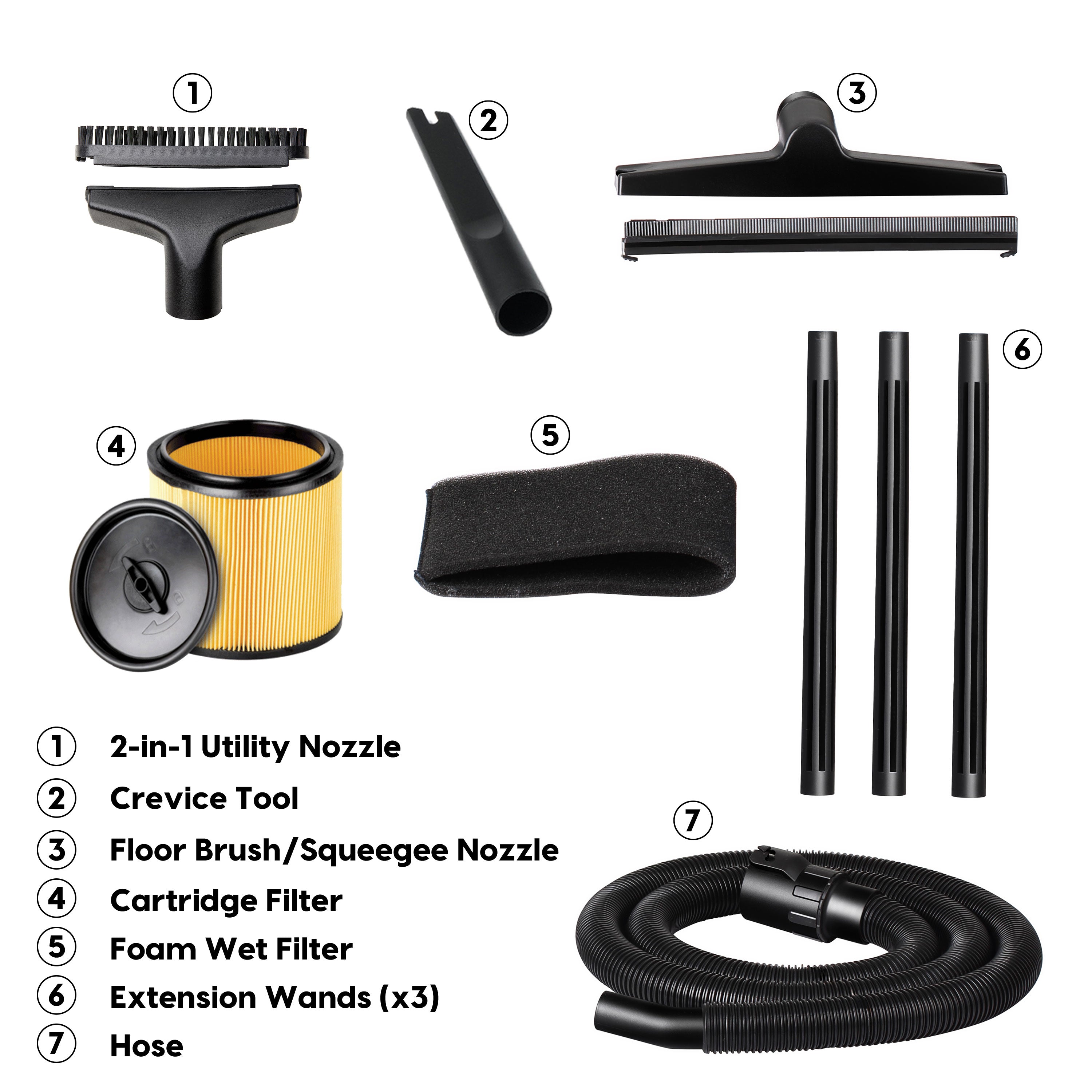 Set of vacuum cleaning tools including nozzles, filters, and wands on a white background.