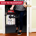 Person pushing a Vacmaster vacuum cleaner through a doorway with 'Easy to Transport' text above.
