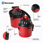 Red and black Vacmaster vacuum cleaner with labeled parts on a grid background