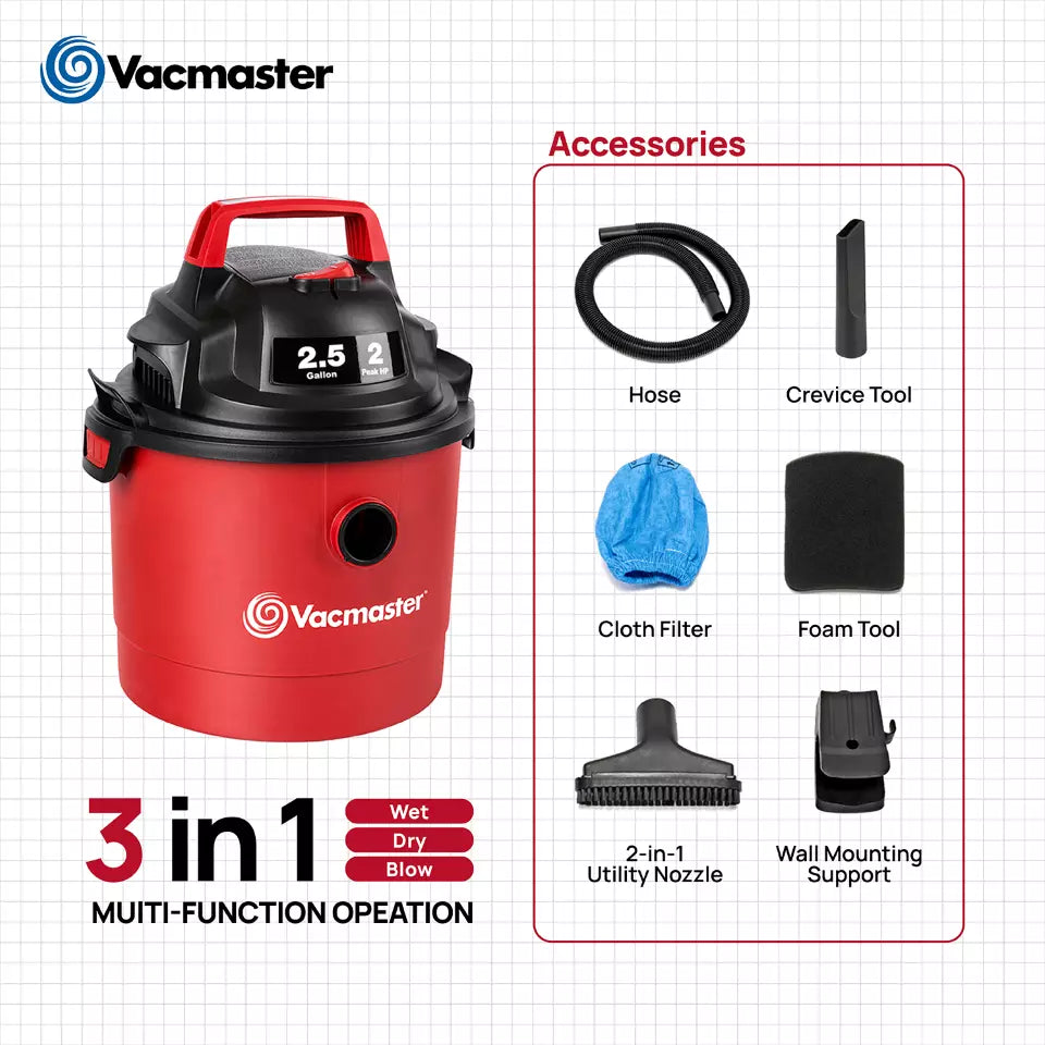 Red and black Vacmaster vacuum cleaner with accessories on a grid background