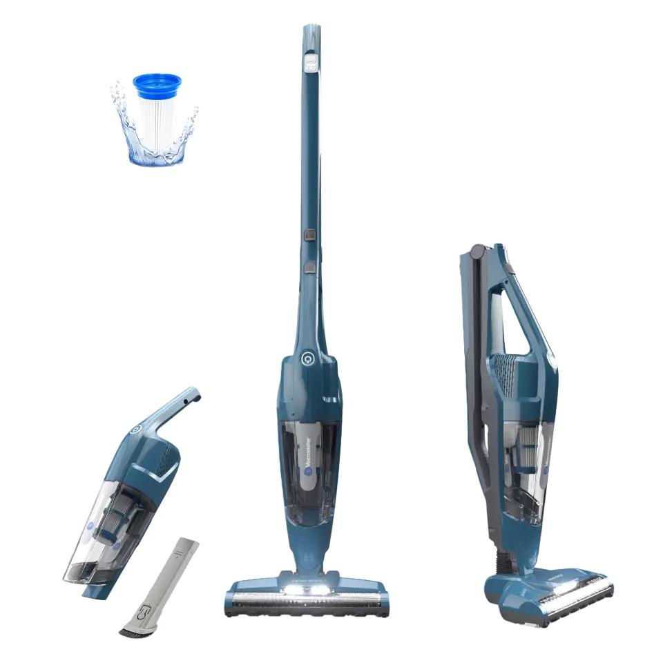 Blue vacuum cleaner with attachments on a white background
