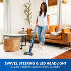 Woman using a vacuum cleaner in a living room with text about swivel steering and LED headlight features.
